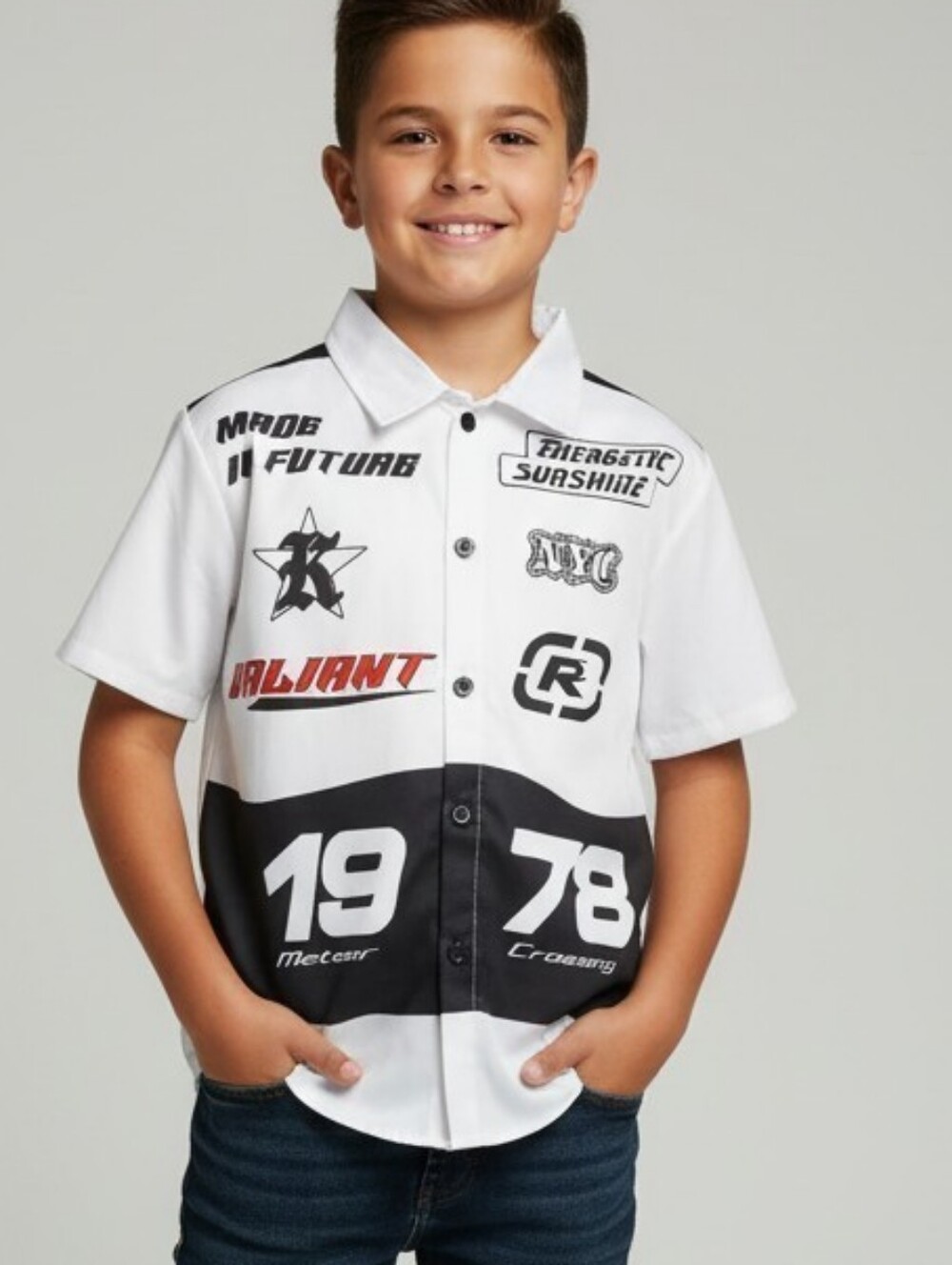 SHEIN White & Black Racing Patch Button-Down Shirt